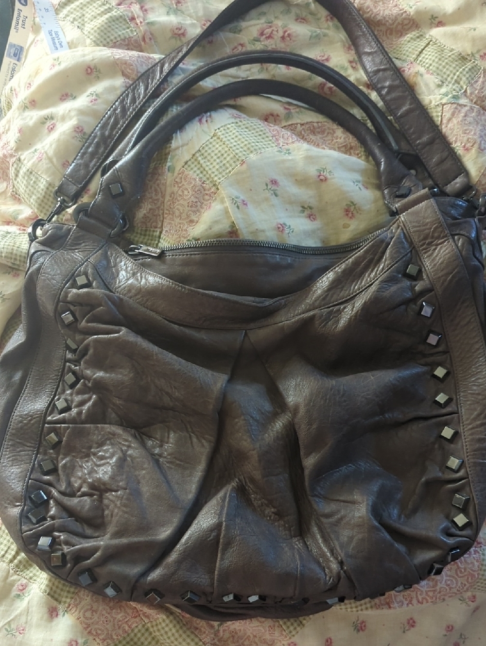 Treesje Leather Brown Studded Hobo Bag